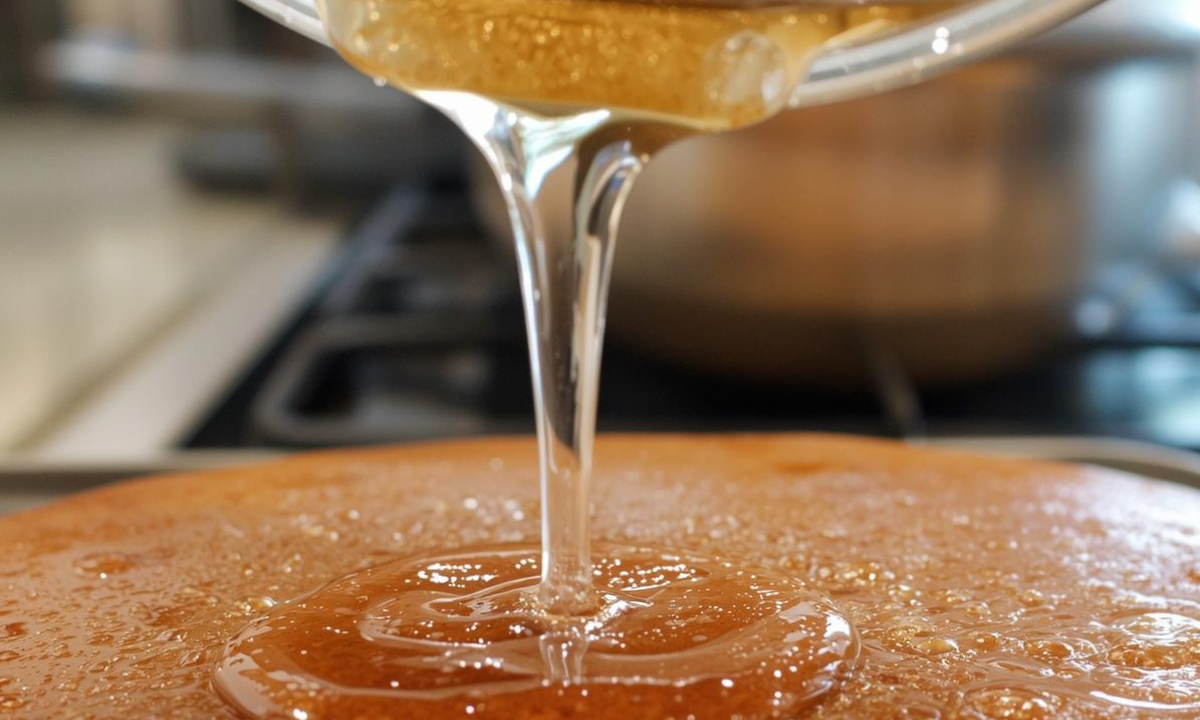 Calda de especiarias transparente em uma tigela de vidro, com um pau de canela e cravos-da-índia ao lado.