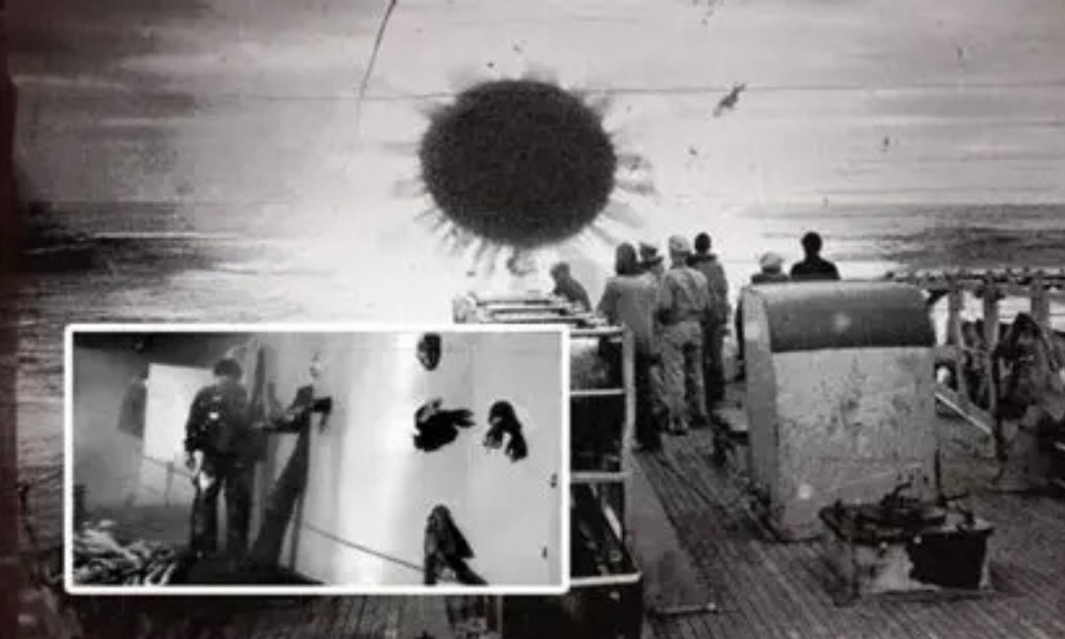 Imagem atribuída ao Experimento Filadélfia mostrando uma mancha luminosa no céu durante o suposto teste de invisibilidade