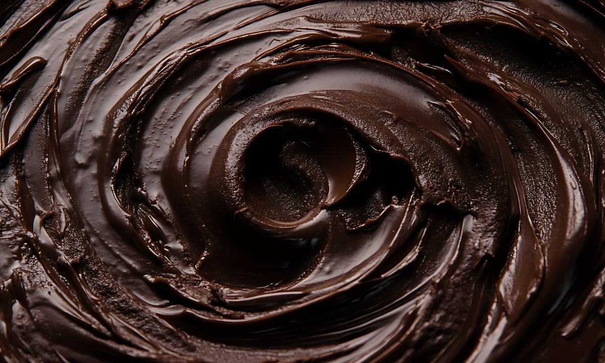 Tigela de ganache de chocolate meio amargo, com textura espessa, escura e brilhante, sendo mexida por uma espátula.