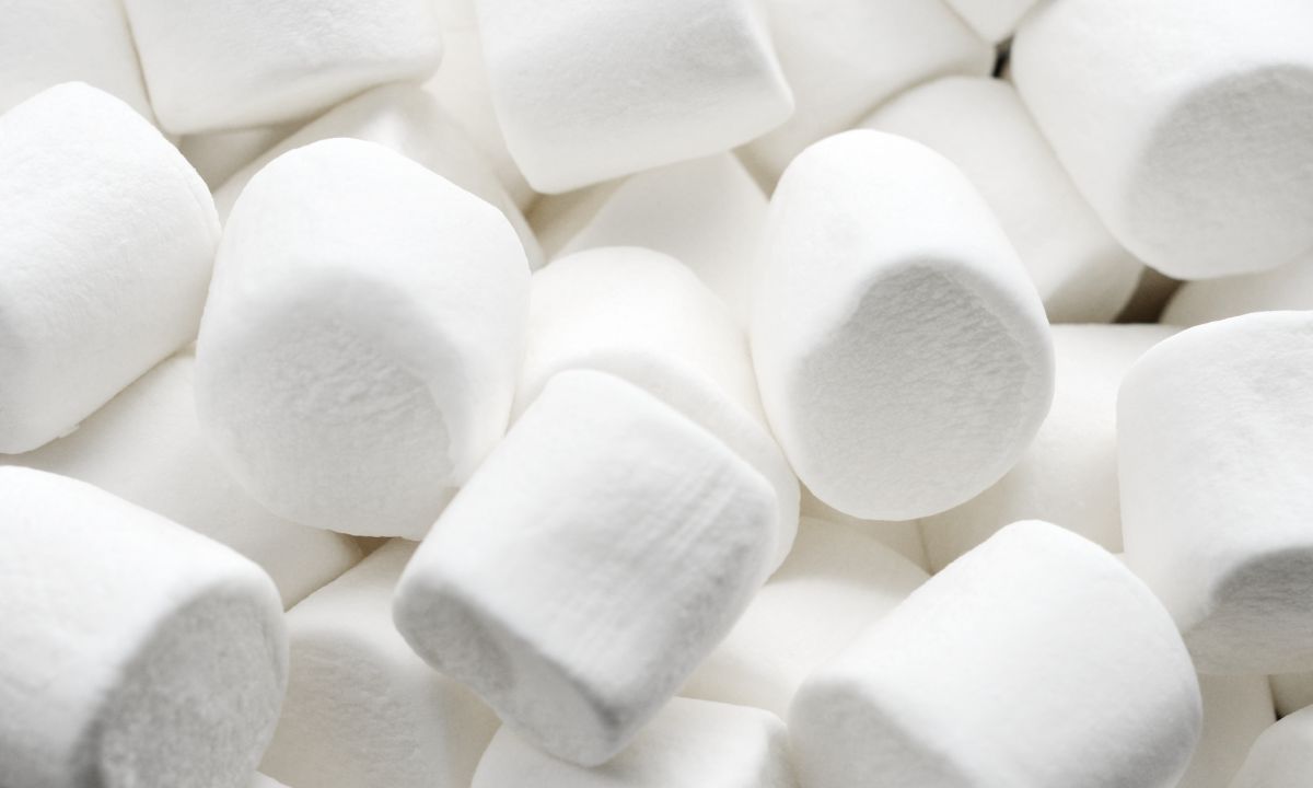 Cubos de maria mole branca e macia, passados no coco ralado, empilhados em um prato.