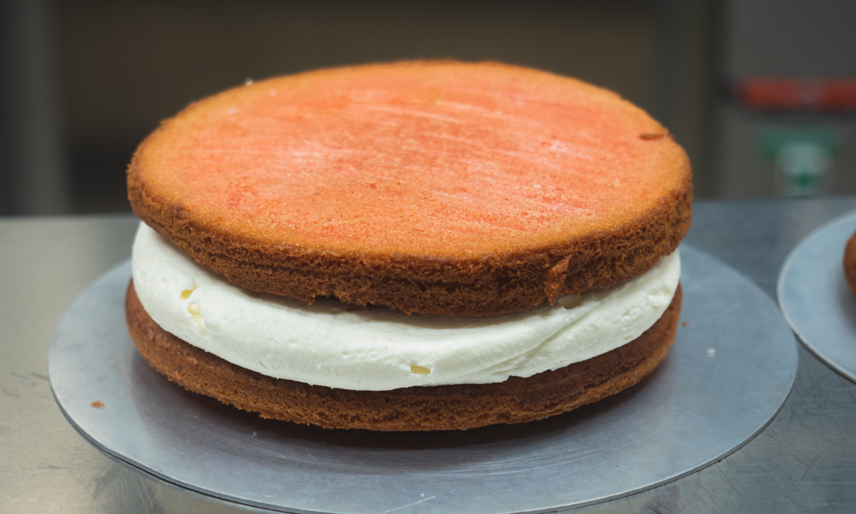 Fatia de bolo Pão de Ló leve e macio, com textura esponjosa, pronto para ser recheado e decorado.