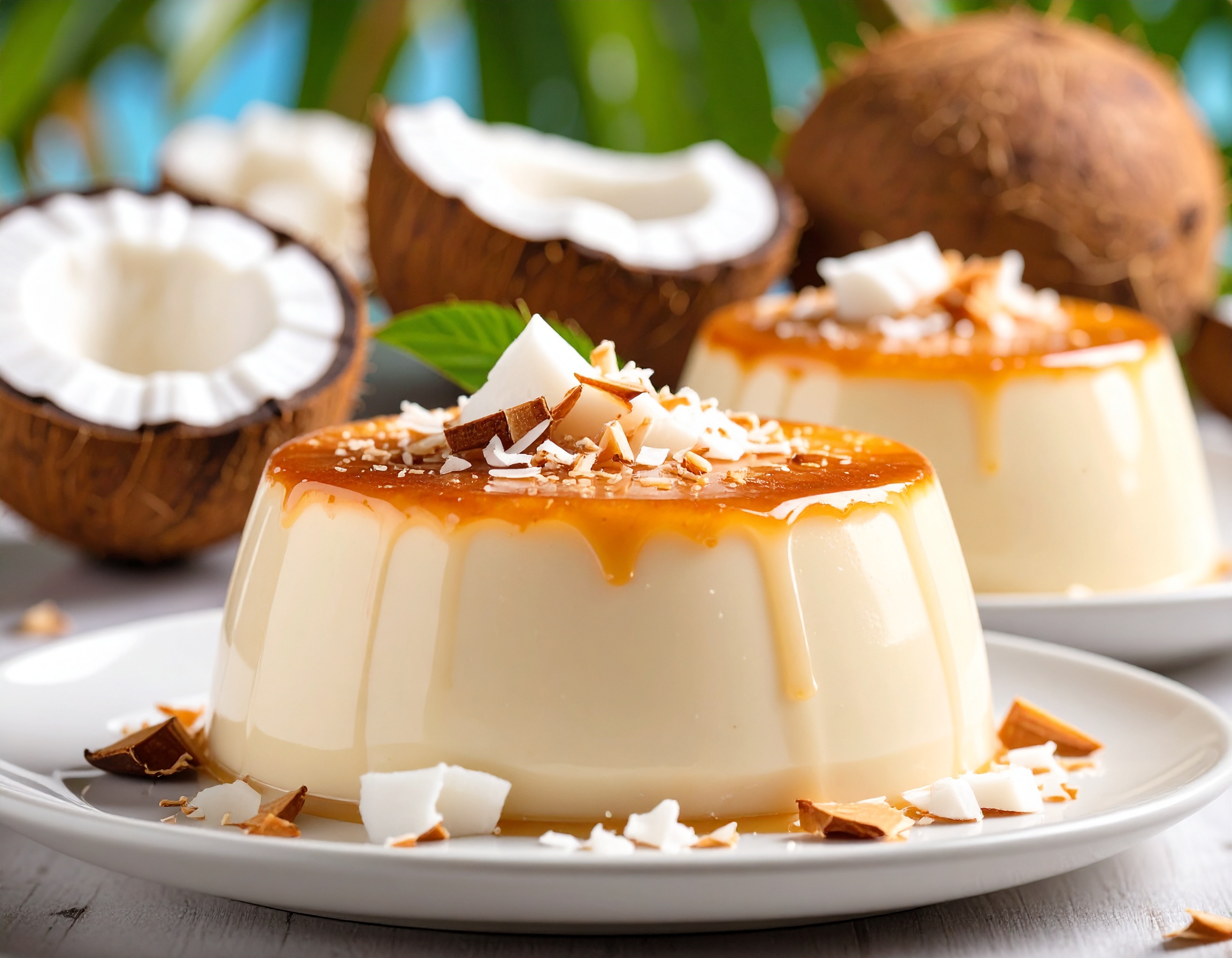 Mousse de Coco em taças individuais com cobertura de coco ralado caramelizado.